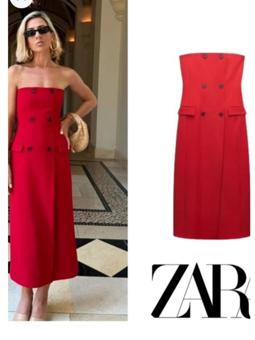 ZARA Red Strapless Midi Dress Button Front Corset Style Small